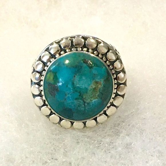 Turquoise Cabochon and Sterling Silver Basket Weave Ring Sz 7 or Sz 8 - Picture 11 of 12